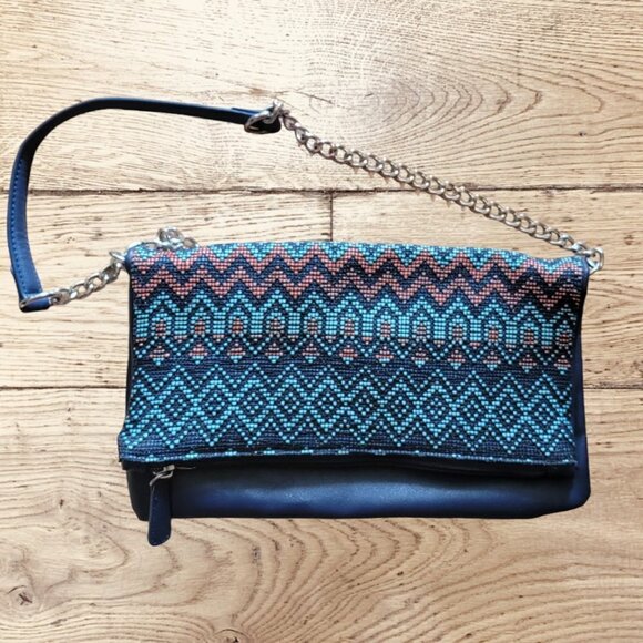Express Chevron Beaded Herringbone Blue Shoulder Bag - Picture 1 of 4